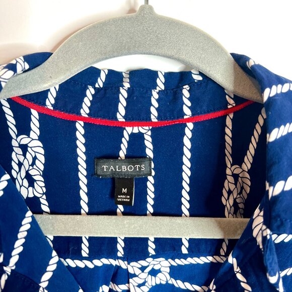 Talbots Navy Blue Nautical Rope Popover Flowy Top Beachy Coastal Grandma Medium - Picture 2 of 5